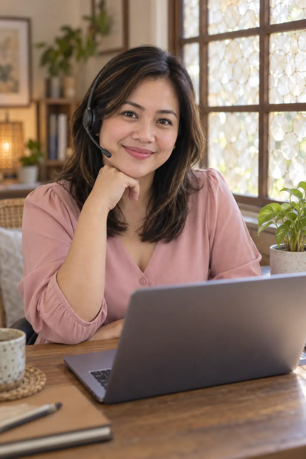 A friendly Filipina account manager wearing a headset smiles at the camera from her home desk beside a capiz-shell window