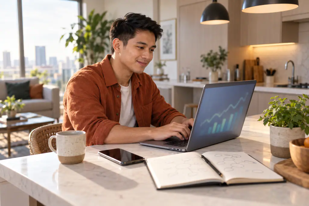 A Filipino SEO specialist in a rust-orange overshirt smiles at a laptop showing rising search charts, a keyword mind-map notebook beside him at a bright condo kitchen breakfast bar